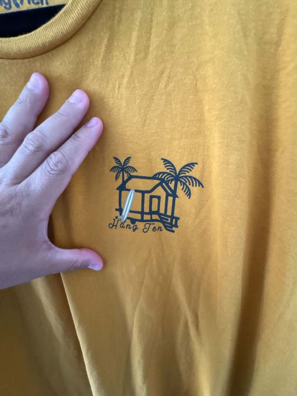 Hang Ten Mustard Yellow Graphic T-Shirt with Tropical Hut and Surfboard Logo